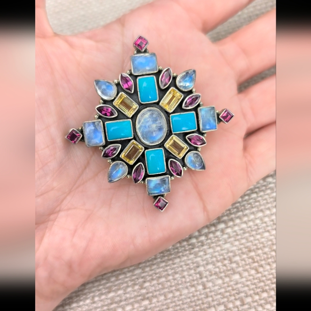 Nicky Butler Sterling Silver Multi Gem Stone Brooch Pendant